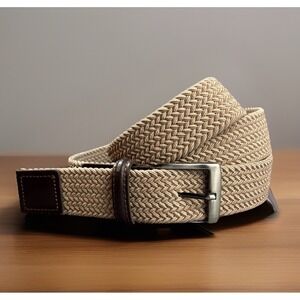 Woven Web Beige Belt Men's 2XL Braided Nylon Silver Tone Brown Dress Casual Golf